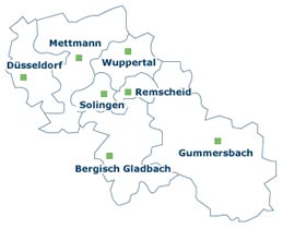 Wuppertal, Remscheid, Solingen, Bergisch Gladbach - Karte des bergischen Lands